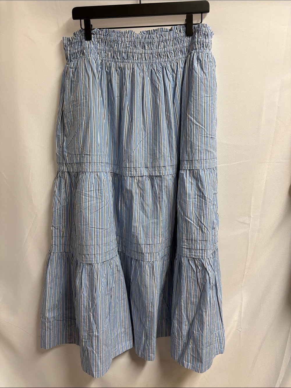 NWT Quince Organic Cotton Poplin Tiered Maxi Skirt Blue Stripe Size XL - Picture 2 of 6